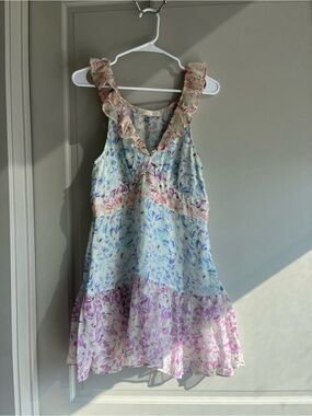 LoveShackFancy Pastel Floral Ruffle Dress in Blue, Pink & Lavender